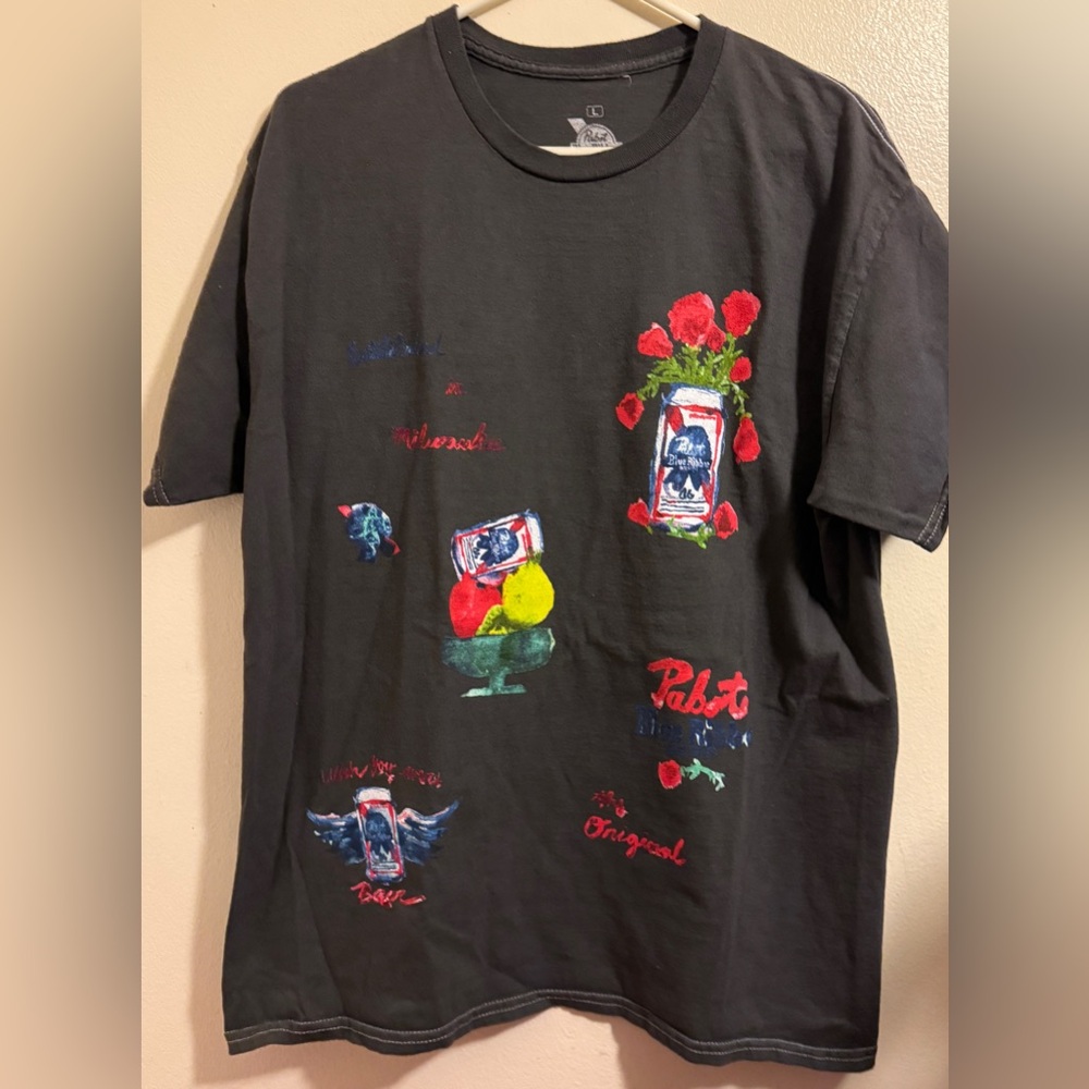 Graphic Black T-Shirt with Colorful Print Size Large pics of front and back PBR